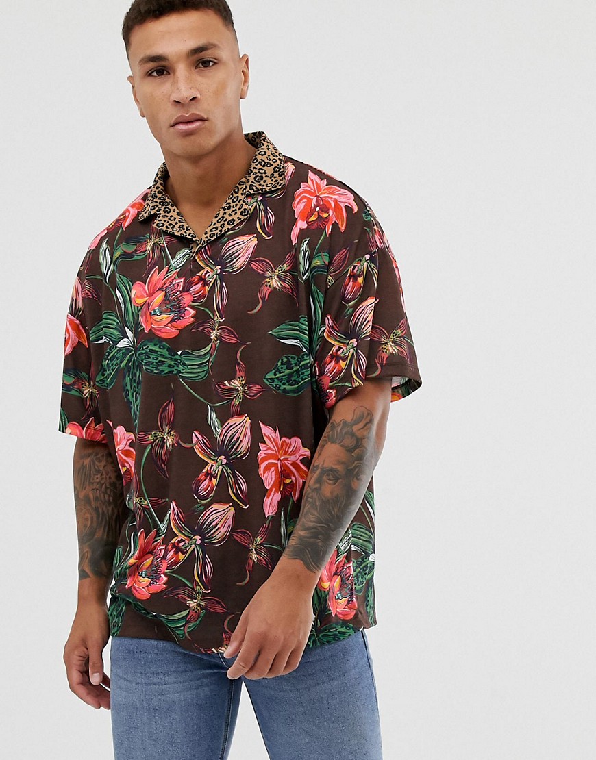 ASOS DESIGN oversized polo with floral body print and contrast leopard revere collar-Multi