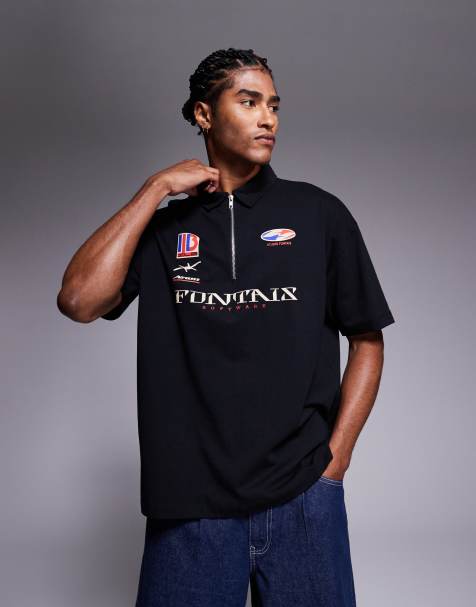ASOS DESIGN oversized polo with football graphic in black - BLACK - view 1