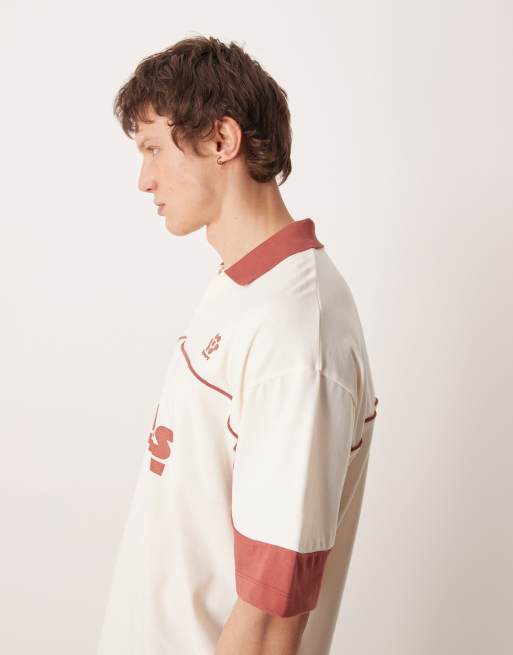 ASOS DESIGN oversized polo with football graphic in off white and brown - CREAM, 4 of 5