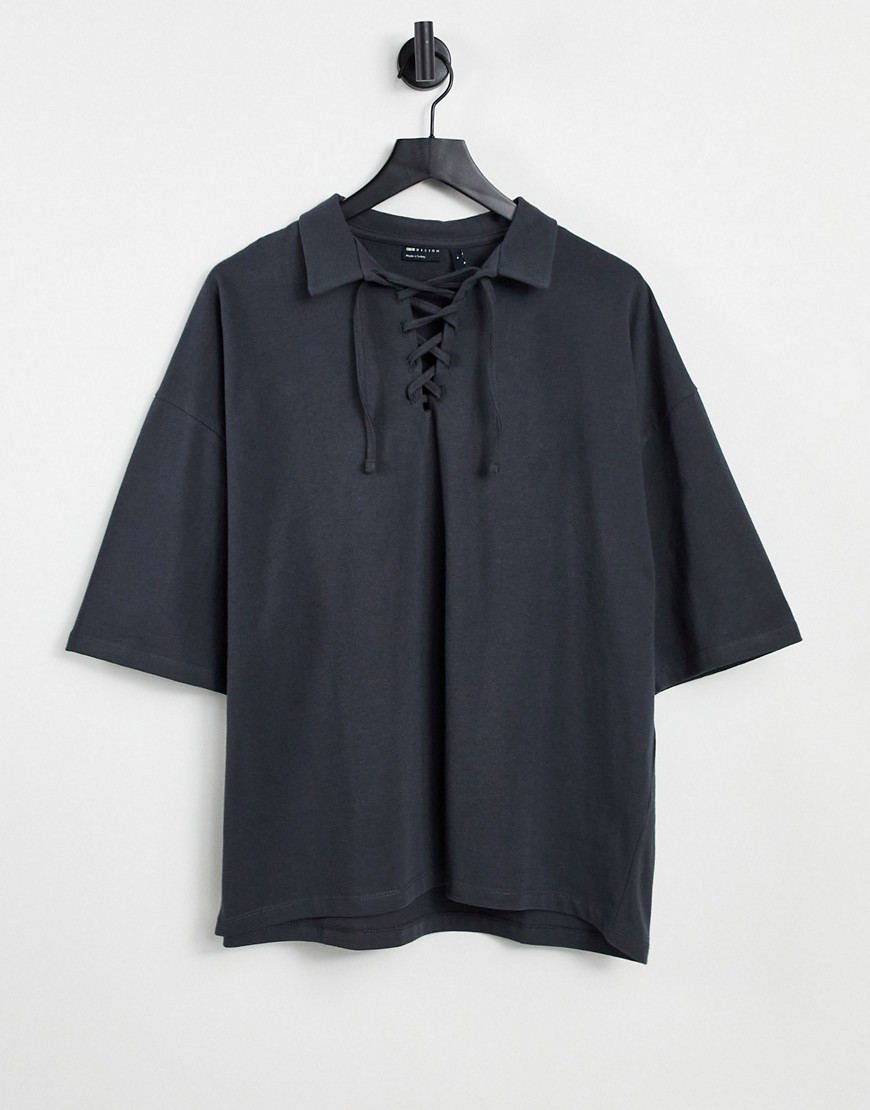 ASOS DESIGN oversized polo with half sleeve and tie neck detail in washed black-Brown