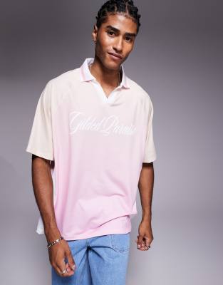 Asos Design Oversized Polo With High Build Text Graphic In Pink