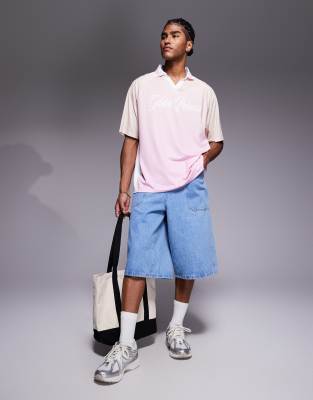 Asos Design Oversized Polo With High Build Text Graphic In Pink
