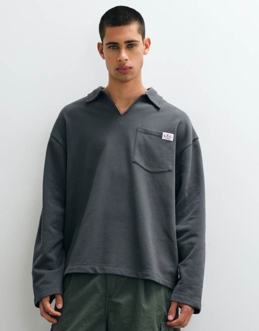 ASOS DESIGN oversized polo with notch neck and woven tab in charcoal, 2 of 5