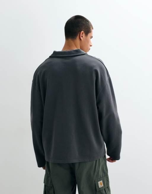 ASOS DESIGN oversized polo with notch neck and woven tab in charcoal, 3 of 5