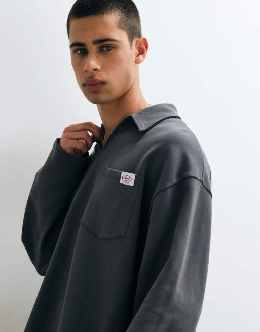 ASOS DESIGN oversized polo with notch neck and woven tab in charcoal, 4 of 5