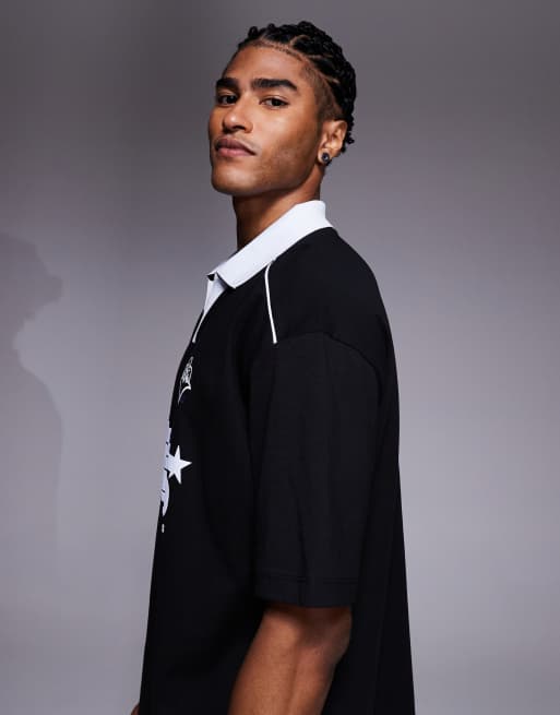 ASOS DESIGN oversized polo with piping detail and soccer graphic in black , 4 of 5