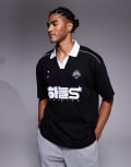 [ASOS DESIGN] ASOS DESIGN oversized polo with piping detail and sports graphic in black XL BLACK