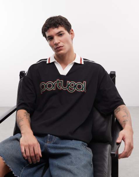 ASOS DESIGN oversized polo with Portugal soccer graphic in black - view 1