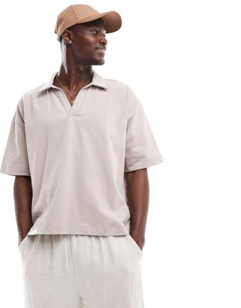 ASOS DESIGN oversized polo with revere collar in stone - view 1