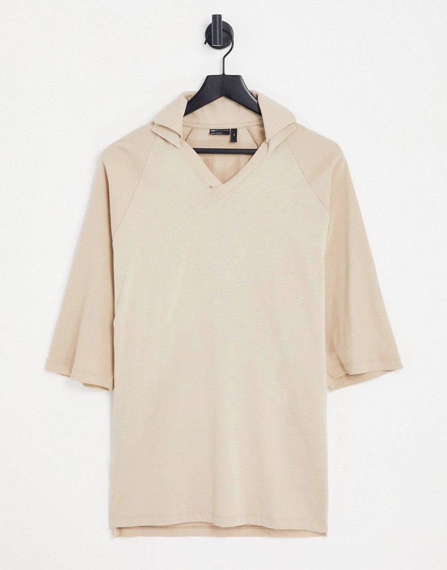 ASOS DESIGN oversized polo with rib sleeves and pique collar in beige-Neutral
