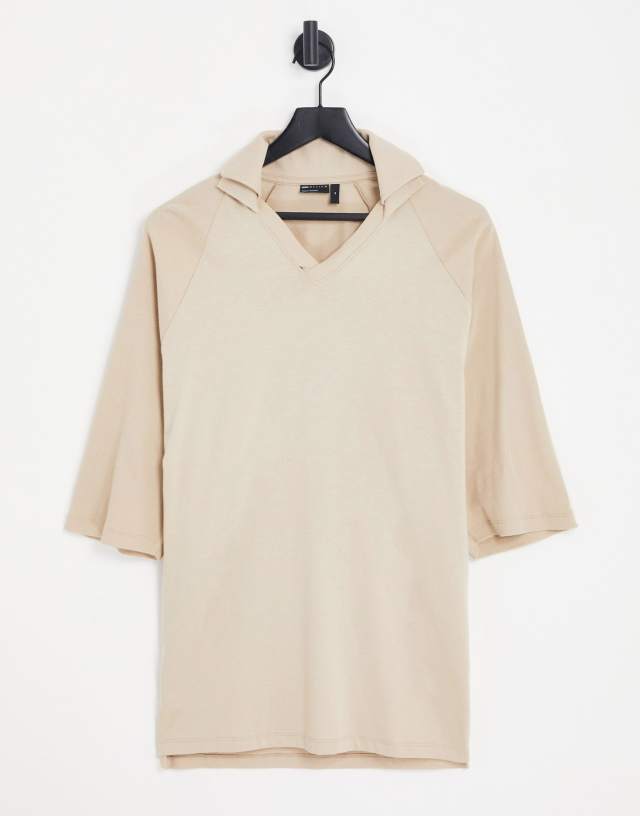 ASOS DESIGN oversized polo with ribbed sleeves and pique collar in beige