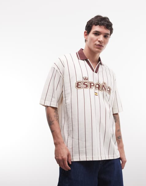 ASOS DESIGN oversized polo with Spain football graphic in off white stripe - view 1