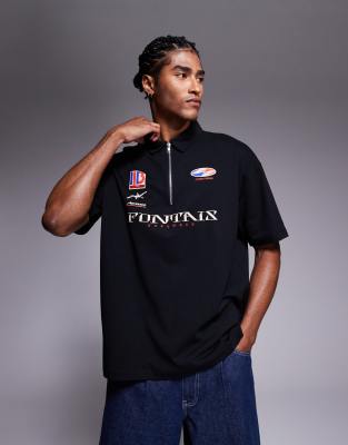 Asos Design Oversized Polo With Sports Graphic In Black