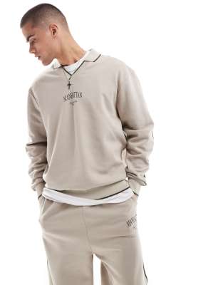 oversized polo with tape detail with city print in stone-Neutral