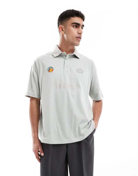 ASOS DESIGN oversized polo with text graphic in gray - view 1