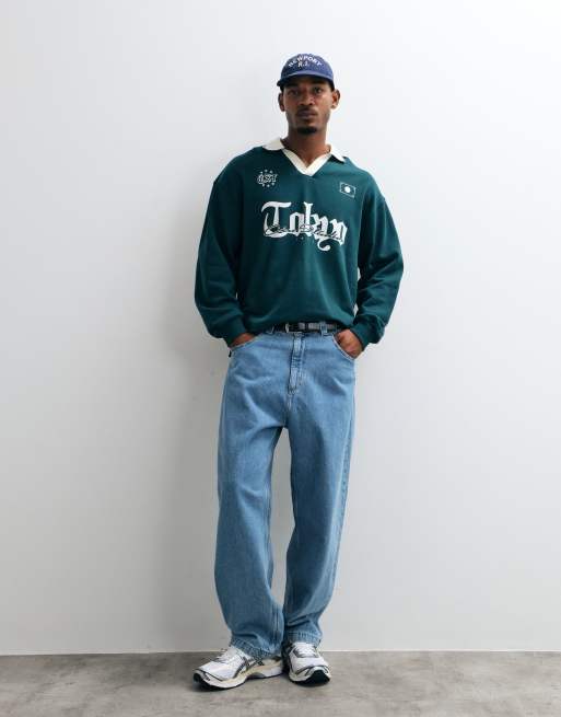 ASOS DESIGN oversized polo with tipped collar pigment print and stepped hem in green, 2 of 5