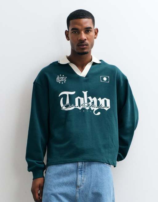 ASOS DESIGN oversized polo with tipped collar pigment print and stepped hem in green, 4 of 5