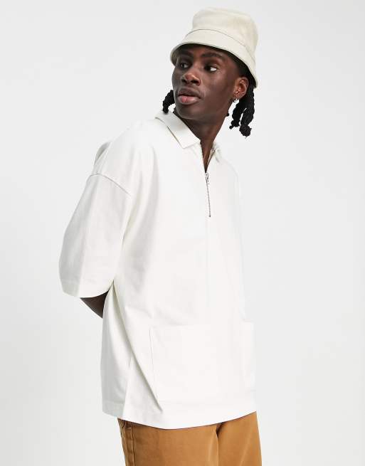 ASOS DESIGN oversized polo with zip and pocket details in cream | ASOS