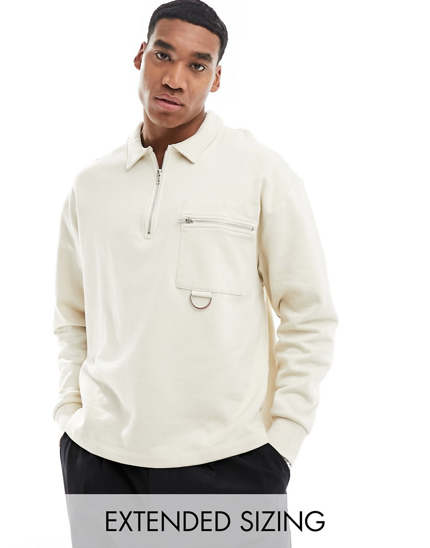 ASOS DESIGN oversized polo zip sweatshirt with D-ring detail in beige-Neutral