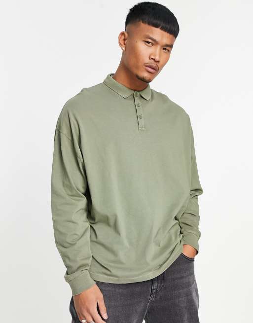 ASOS DESIGN - Oversized poloshirt met lange mouwen in kaki met acid wash 