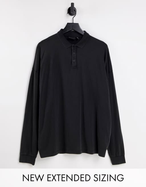 ASOS DESIGN - Oversized poloshirt met lange mouwen in zwarte wassing 