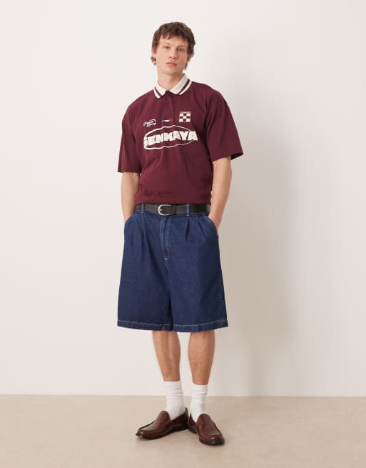 ASOS DESIGN - Oversized poloshirt met voetbalprint in bordeauxrood, 2 van 5