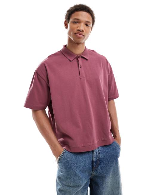ASOS DESIGN - Oversized poloshirt van zware stof in bordeauxrood met wassing