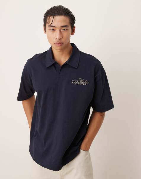 ASOS DESIGN - Oversized poloshirt van zware stof met borduursel op de borst in marineblauw - view 1
