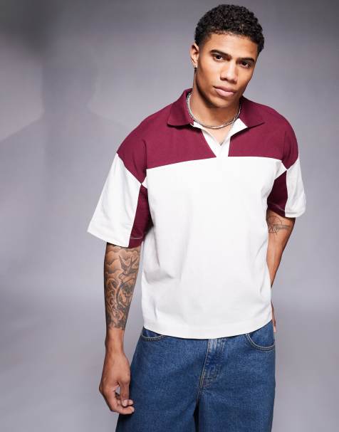ASOS DESIGN - Oversized poloskjorte i cremehvid/bordeauxrød med firkantet pasform og sænkede skuldre - view 1