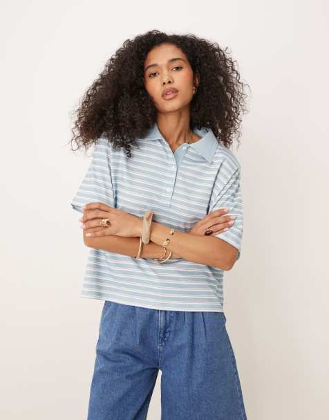 ASOS DESIGN - Oversized poloskjorte med skulderpuder og blå striber i firkantet pasform - view 1