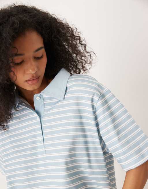 ASOS DESIGN - Oversized poloskjorte med skulderpuder og blå striber i firkantet pasform, 2 af 4