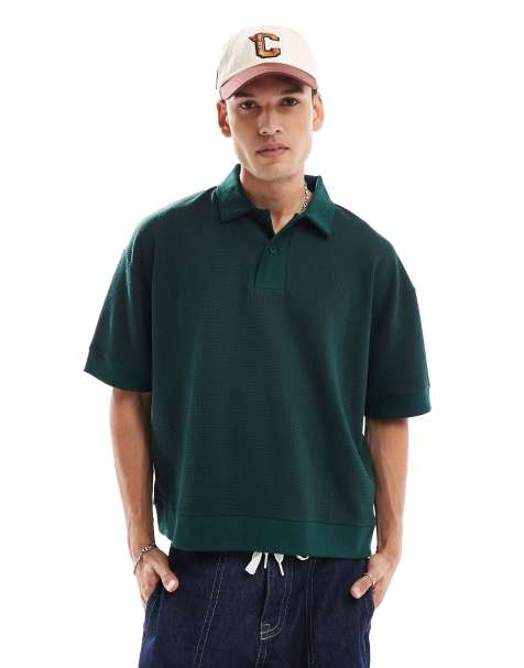 ASOS DESIGN - Oversized poloskjorte med tekstur i mørkegrøn i firkantet pasform - view 1