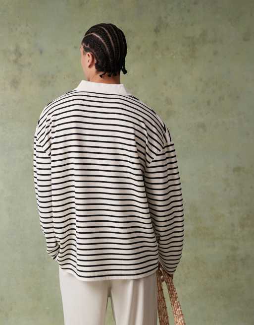 ASOS DESIGN - Oversized poloskjorte med tekstur, sænkede skuldre og sort/hvide striber , 4 af 4