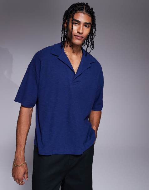 ASOS DESIGN - Oversized polotrøje med tekstur og reverskrave i marineblå - view 1