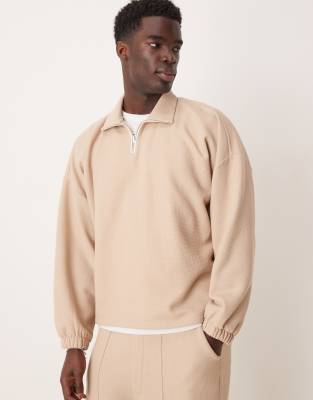 ASOS DESIGN - Oversized polotrui met verlaagde schouders van wafelstof met geborstelde achterkant in beige, deel van co-ord set - view 1