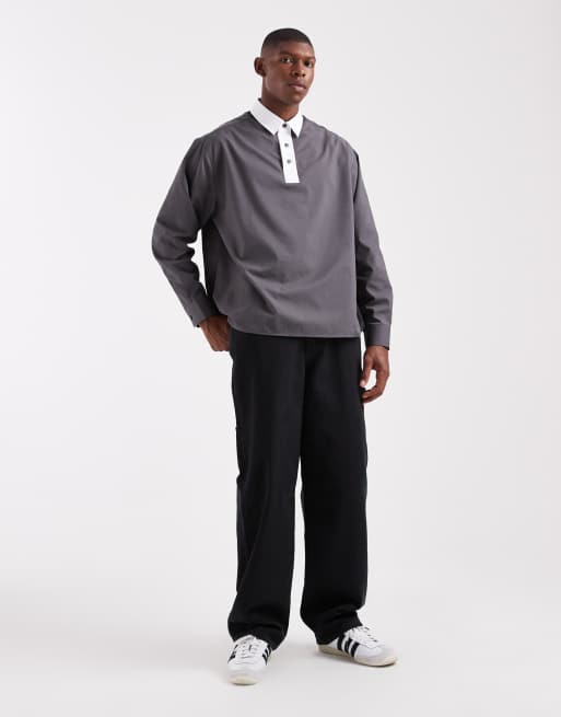 ASOS DESIGN oversized poplin over the head shirt with contrast collar in gray, 2 of 5