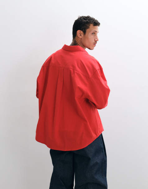 ASOS DESIGN oversized poplin overhemd met borstborduursel in rood - view 1