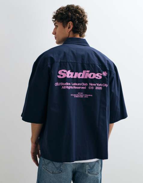 ASOS DESIGN oversized poplin overhemd met print op de achterkant in navy - view 1