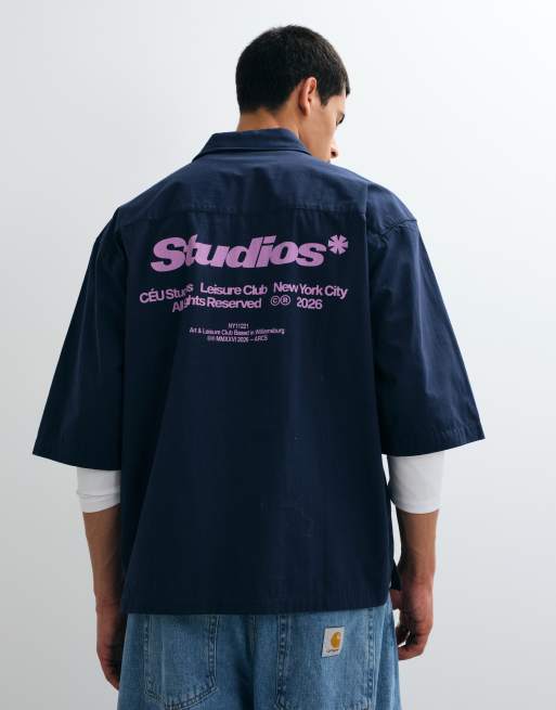 ASOS DESIGN oversized poplin overhemd met print op de achterkant in navy, 3 van 5