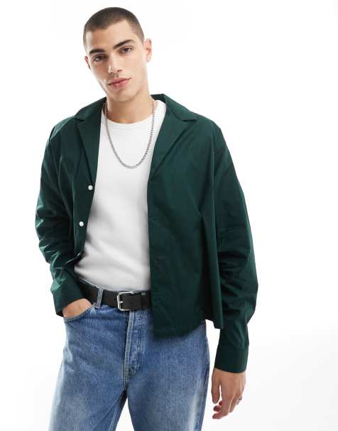 ASOS DESIGN - Oversized poplin overhemd met rechte pasvorm en diepe reverskraag in donkergroen - view 1