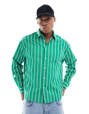 Asos Design Oversized Poplin Shirt In Green Pinstripe
