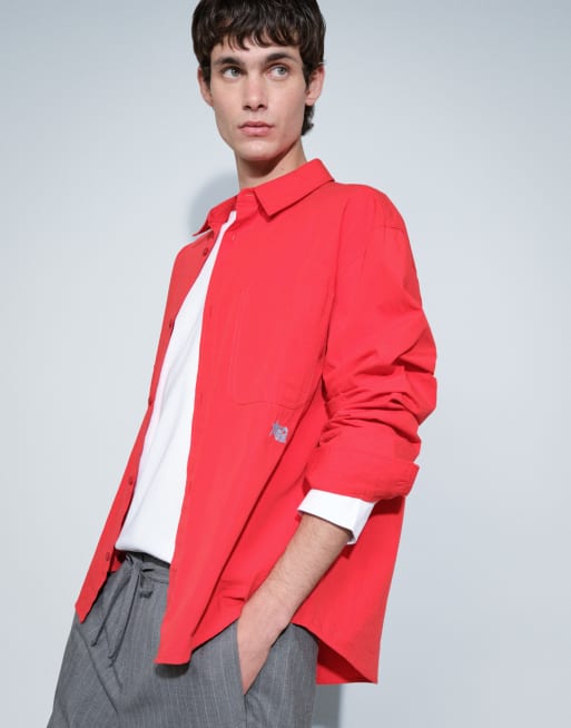 ASOS DESIGN oversized poplin shirt with chest embroidery in red, 3 of 5