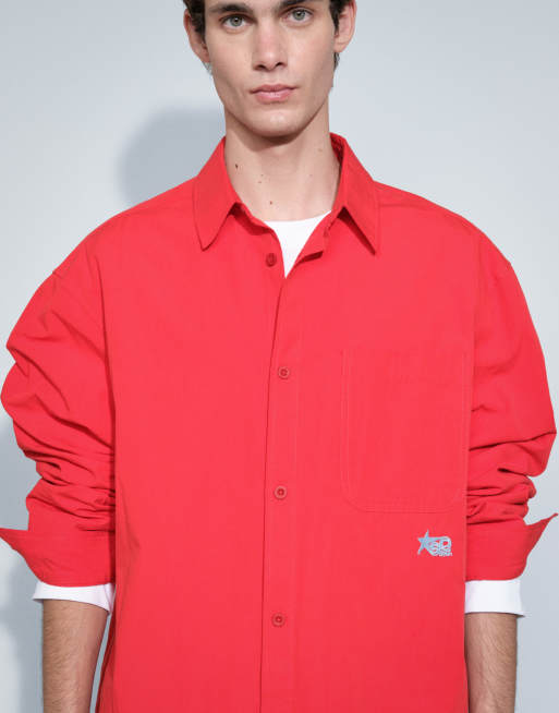 ASOS DESIGN oversized poplin shirt with chest embroidery in red, 4 of 5