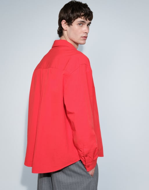 ASOS DESIGN oversized poplin shirt with chest embroidery in red, 5 of 5