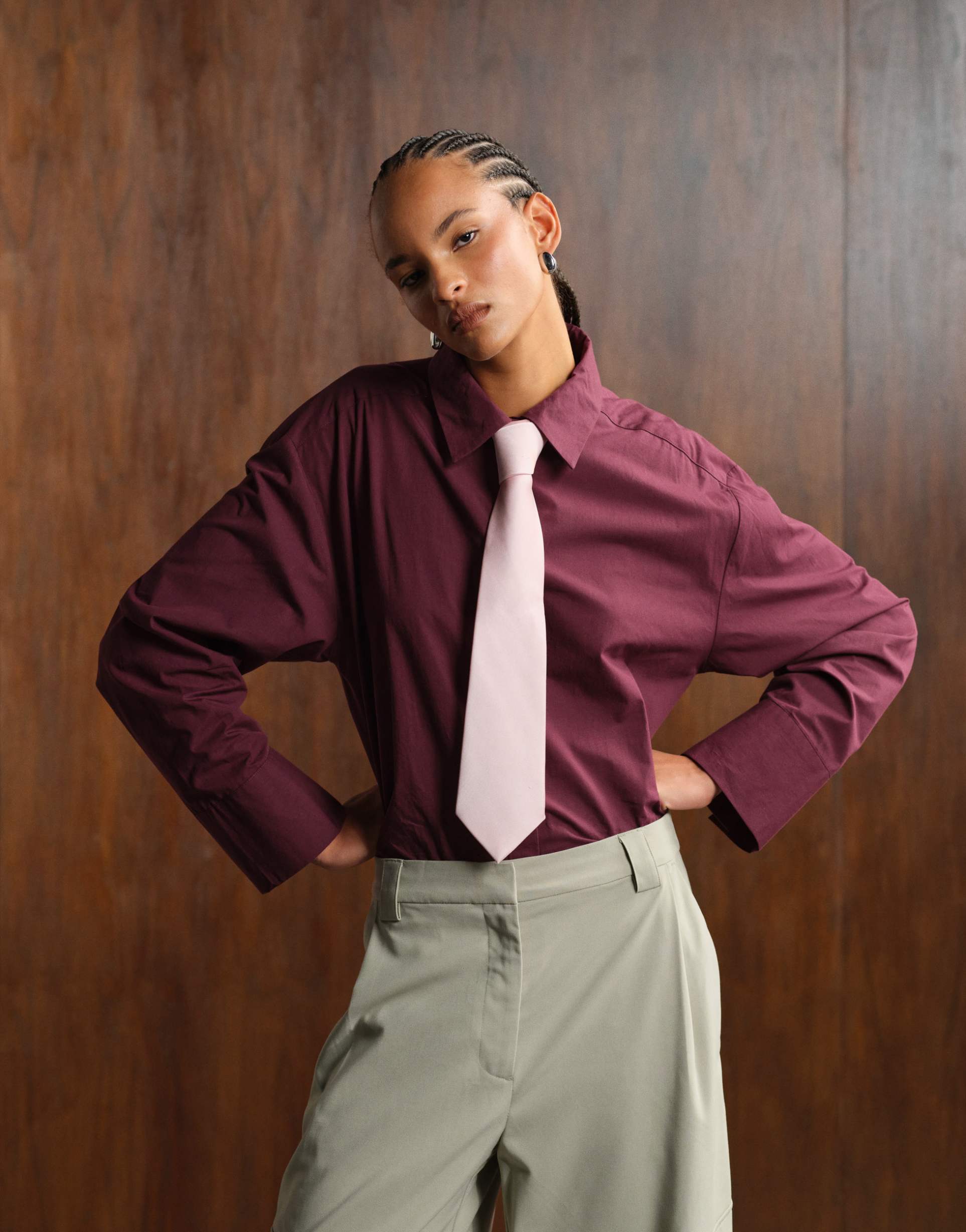asos design oversized poplin shirt with contrast tie in plum