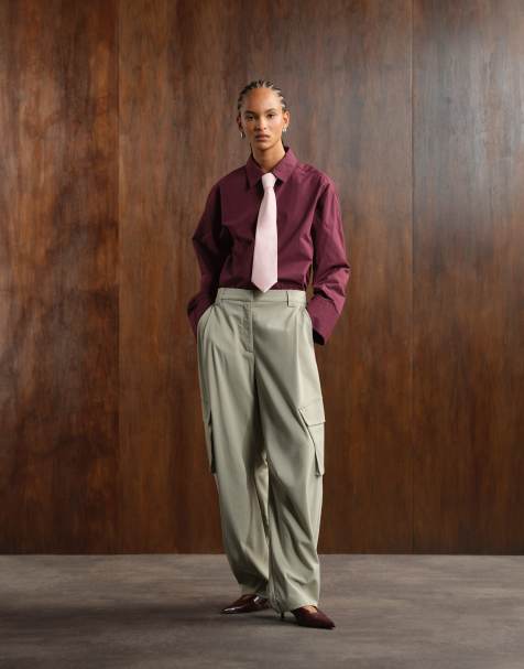 ASOS DESIGN oversized poplin shirt with contrast tie in plum - view 1