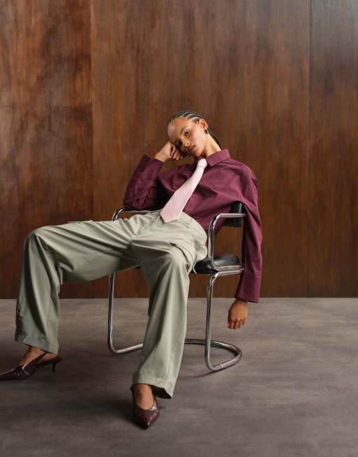 ASOS DESIGN oversized poplin shirt with contrast tie in plum