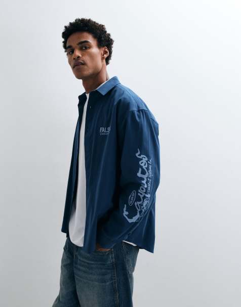 ASOS DESIGN oversized poplin shirt with placement prints in blue - view 1