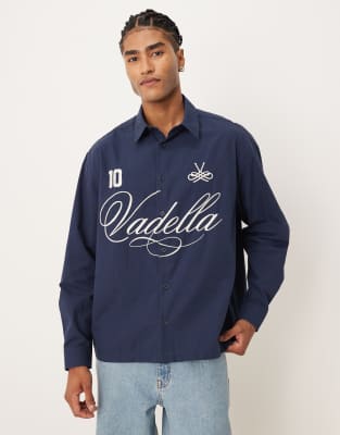 Asos Design Oversized Poplin Shirt With Script Print In Blue