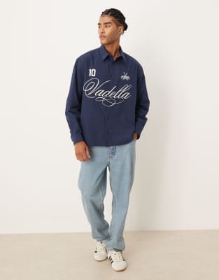 Asos Design Oversized Poplin Shirt With Script Print In Blue